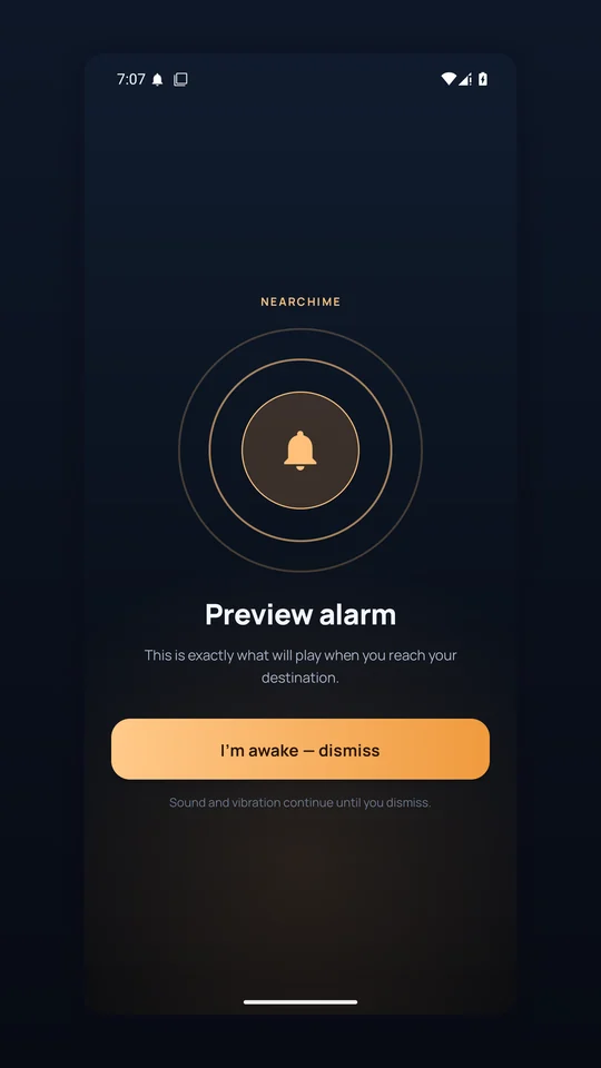 Aaram preview alarm screen with a bell and dismiss button