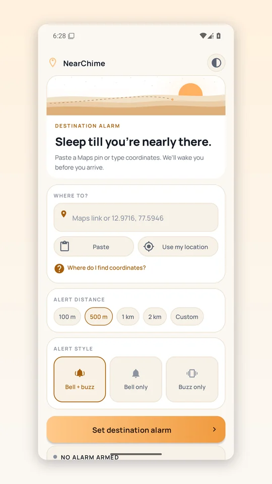 Aaram home screen: destination field, distance chips and alarm style